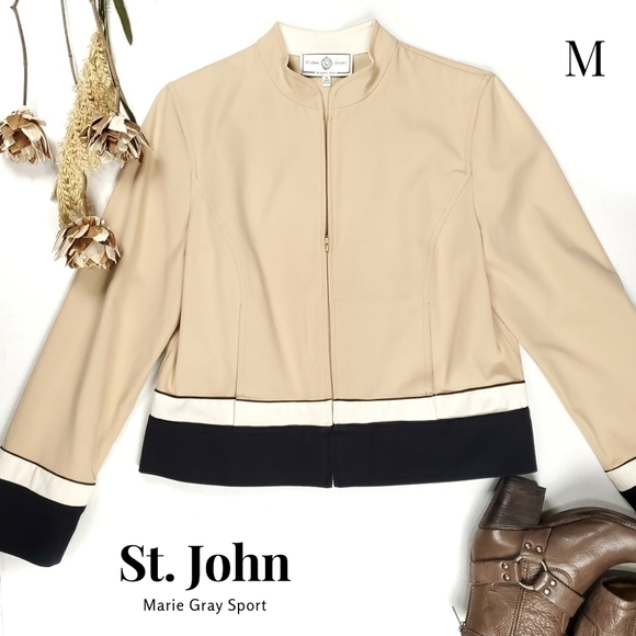 St. John  Marie Gray Sport Cream Black Blazer Sz M - Picture 1 of 1
